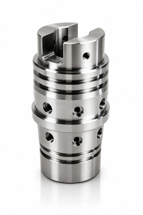 Pièce cylindrique à fourche et perçages radiaux, type raccord hydraulique