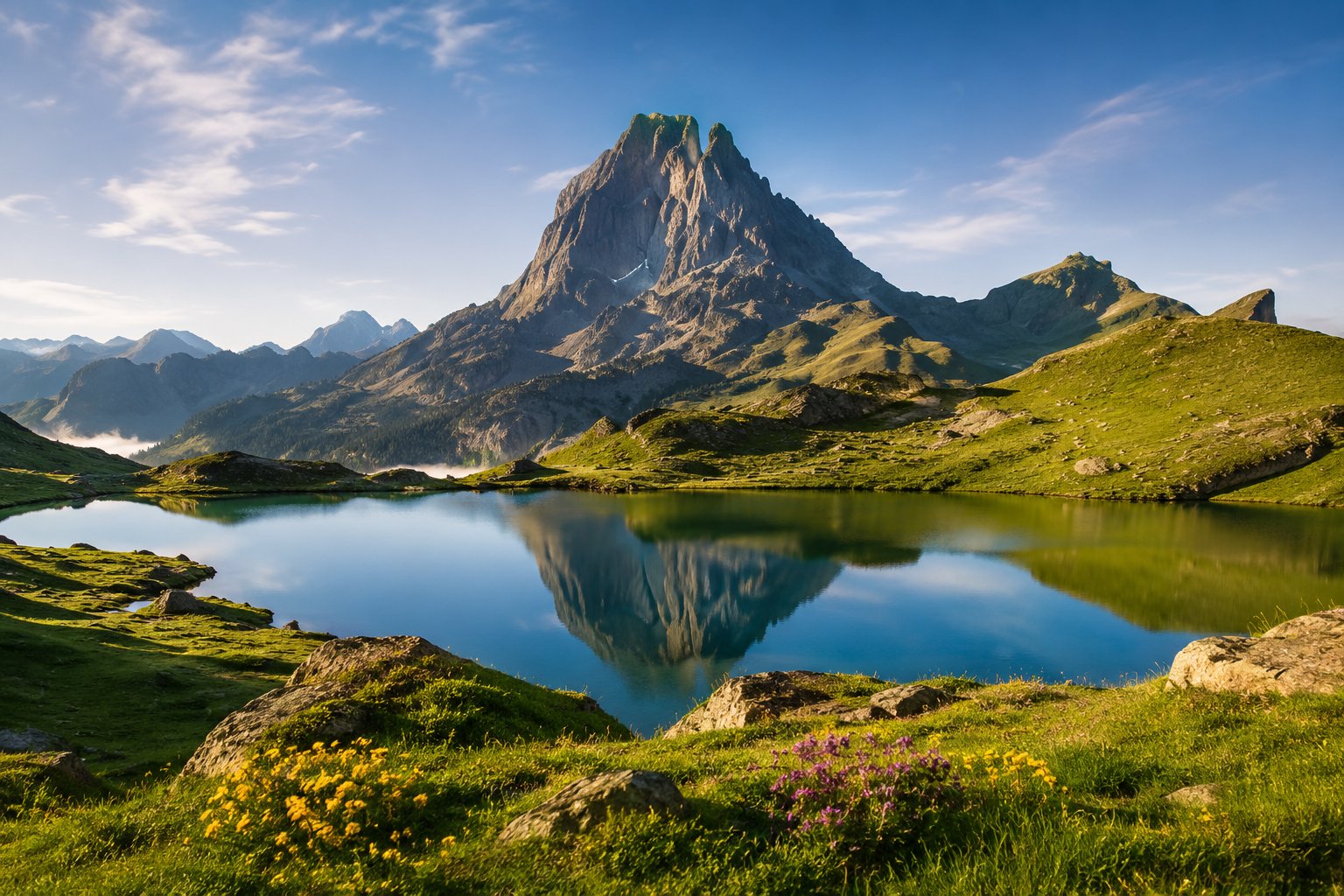 Le pic du Midi d'Ossau reflété dans un lac de montagne, dans les Pyrénées